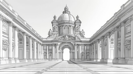 Architecture, line drawing, vector lines, central main building, ultra high definition, white background, clean Architecture.