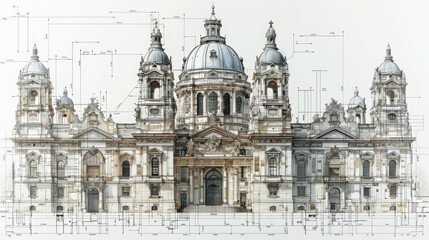 Obraz premium Architecture, line drawing, vector lines, central main building, ultra high definition, white background, clean Architecture.
