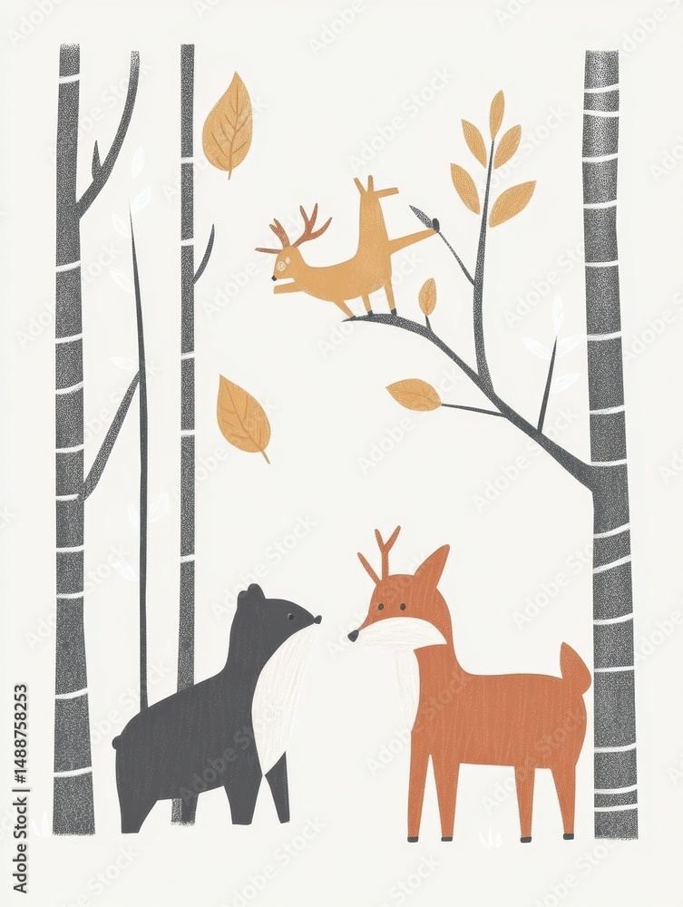 Poster stylized animals in a scandinavian nursery forest setting showcase modern minimalism with soft color
