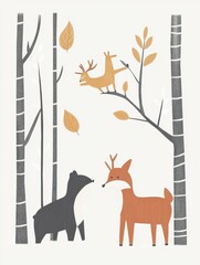 Stylized animals in a Scandinavian nursery forest setting showcase modern minimalism with soft colors and clean lines, perfect for childrens decor