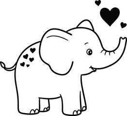 Cute cartoon black and white minimalist line art elephant with hearts playful adorable

