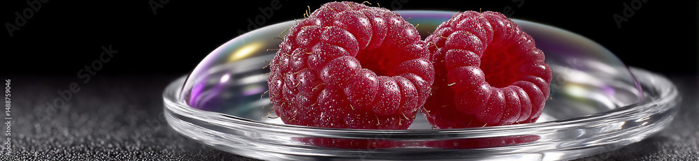 Poster a single raspberry that appears to be encased in a shimmering, opalescent soap bubble