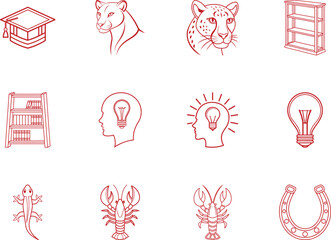 Linear maroon outline icon set displays graduation cap, animal heads, lightbulbs, furniture, and a horseshoe