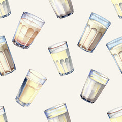 a glass of milk, a healthy white drink with calcium. pattern, seamless texture, watercolor illustration. artificial intelligence generator, AI, neural network image. background for the design