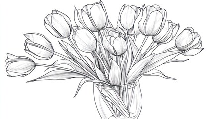 Sketch of tulips in a glass vase, floral arrangement, home decor
