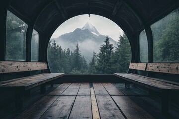 A train car's interior frames a majestic, snow-capped mountain, surrounded by lush forests, creating a tranquil and scenic vista on a rainy day.
