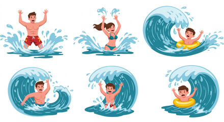 Set of Cartoon People in Swimwear Struggling in Water Safety Awareness Vector Illustration