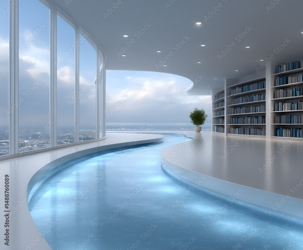Poster a futuristic library where books are data streams flowing through transparent tubes