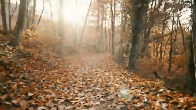 Moody Forest Path in Autumn with Golden Leaves and Misty Background