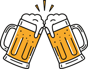 Vector illustration of beer mugs with foam and amber liquid in celebratory toast


