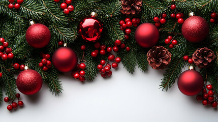 Festive arrangement of red ornaments, pine branches, pinecones, and red berries on a white background, creating a Christmas border