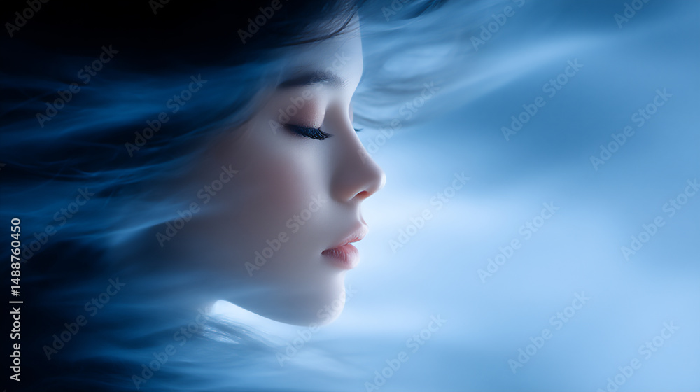 Poster a person whose body is gradually dissolving into a cloud of glowing particles
