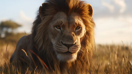 Naklejka premium Majestic lion glowing with power in golden savanna high resolution picture