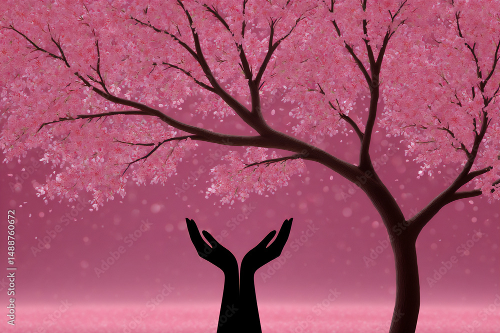Poster a person with hands that are gradually turning into the branches of a blossoming tree