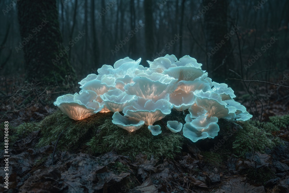 Poster luminescent fungi illuminate a moss-covered log in a dark, misty forest creating an ethereal, otherw