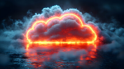 Glowing orange neon cloud shape outlines a dark, smoky cloud formation above a reflective, fiery water surface.  The scene is set against a dark, moody night sky
