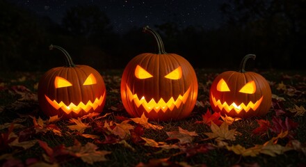 Glowing Jack-o'-lanterns and Autumn Leaves at Night - Three illuminated jack-o'-lanterns rest amidst fallen autumn leaves under a starlit sky. Symbolizing Halloween, autumn, harvest, spooky fun