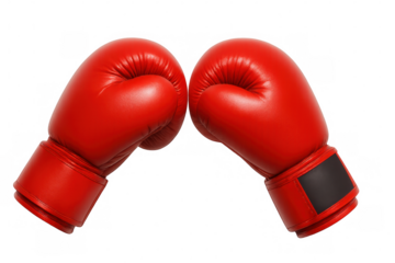 Red boxing gloves hanging in fighting stance, symbolizing competitive spirit on clean transparent backdrop