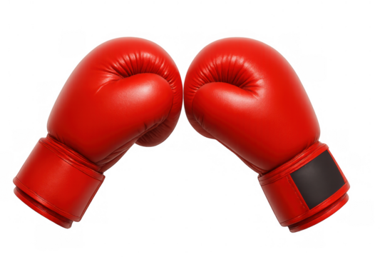 Red boxing gloves hanging in fighting stance, symbolizing competitive spirit on clean transparent backdrop