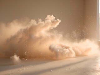 Ethereal Dust Cloud Explosion: An abstract and dynamic capture, frozen in time. Fine powder erupts in a cloud, with light casting shadows and defining the form.