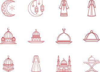 Red outline shows Ramadan items moon, star, lantern, robe, mosque, and foods on a white background