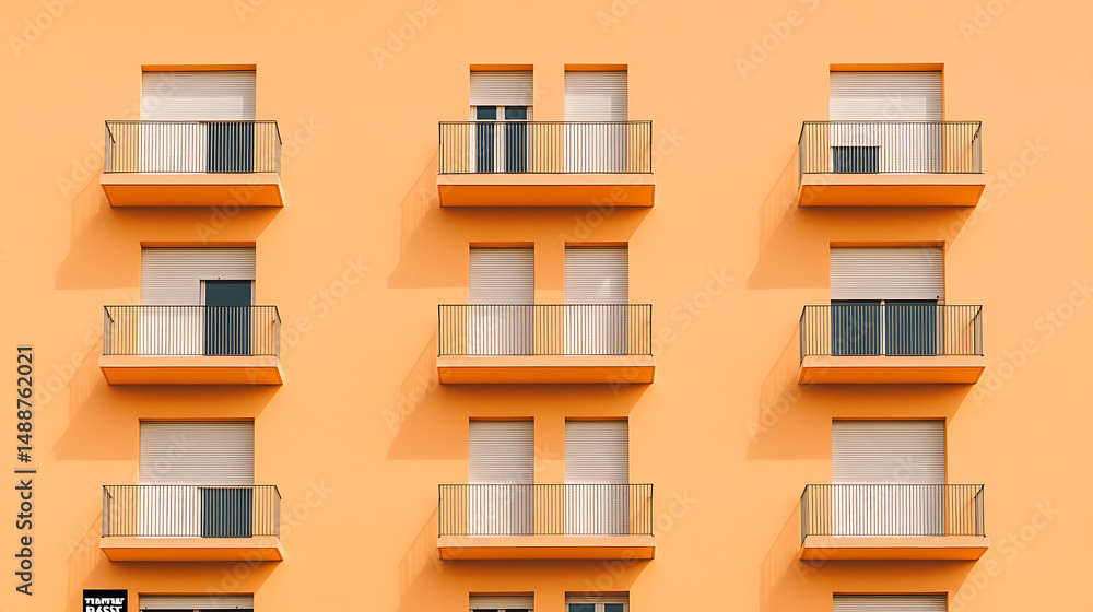 Poster repetitive pattern of projecting balconies on an orange building facade with shutters. linear shadow
