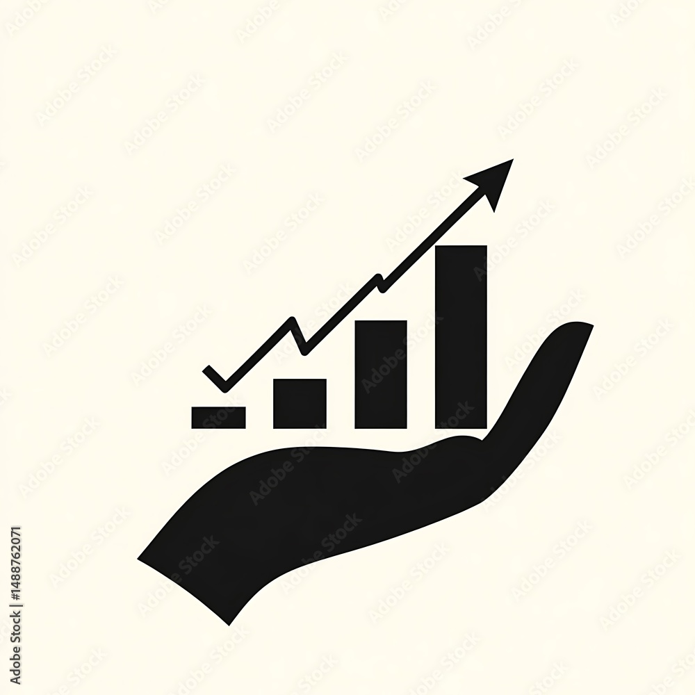 Aufkleber holding growth: hand displaying a rising graph with arrow symbolizing positive progress and financia