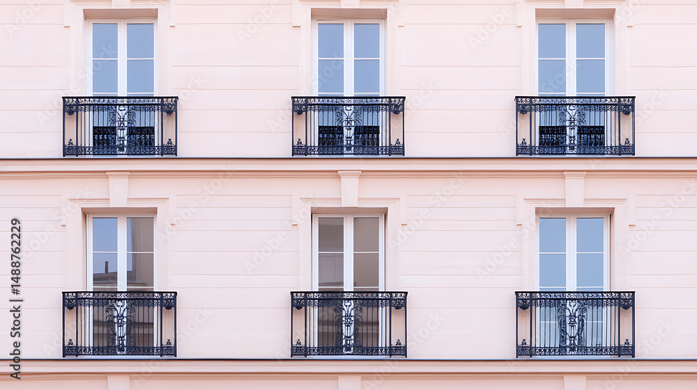Poster elegant architecture: facade of a building featuring symmetrically arranged windows and ornate balco