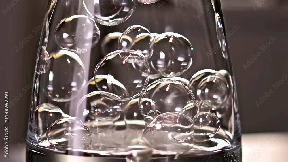Poster bubbles inside a clear glass vessel with reflections creating a unique, abstract design and visually