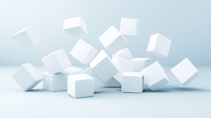 A collection of white cubes in various orientations.