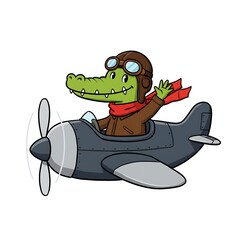 Fototapeta premium Pilot Crocodile in Vintage Airplane: A cheerful crocodile, sporting aviator goggles and scarf, joyfully waves from the cockpit of a classic airplane, soaring through the blue skies.