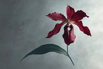 Striking close-up of a single, dark red orchid with textured petals and a contrasting green leaf against a mottled gray background.