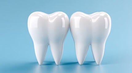 A 4K photo of close-up of two realistic white teeth against a light blue background, representing dental care and hygiene.