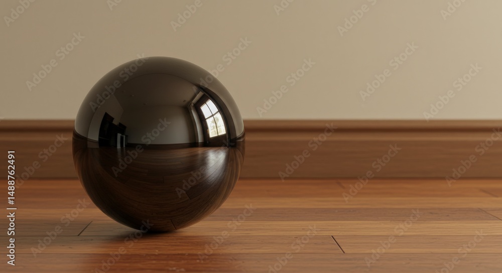 Poster reflective sphere on wood flooring displaying a window reflection