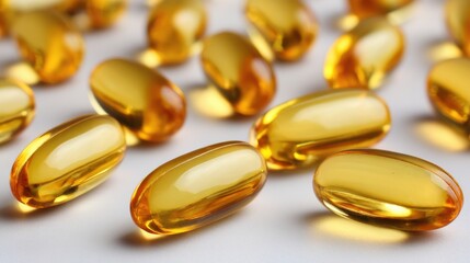 A 4K photo of composition of golden softgel capsules arranged on a white background for health and wellness themes.