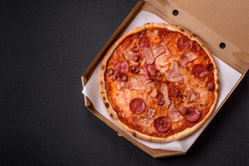 Italian pepperoni pizza with cheese and salami, tomatoes and sauce