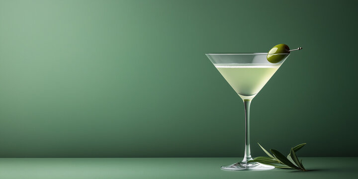 Martini in a sleek glass, with a green olive garnish, set against a minimalist background