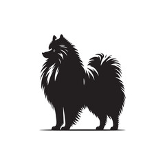 Keeshond dog silhouette, fluffy coat, friendly companion, alert expression, curled tail, spitz breed, medium size, thick fur, charming, intelligent, playful, loyal, house pet, furry outline, cheerful,