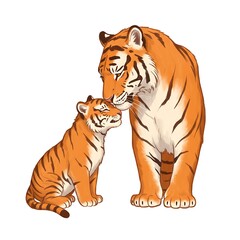 Obraz premium Tiger Family Love: A heartwarming illustration of a mother tiger nuzzling her cub, showcasing a strong bond of love and protection.