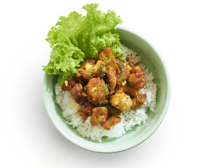 Isolated Delicious Chicken Stir-Fry wiht Lemon Sauce Served Over Steamed Rice With Fresh Lettuce Garnish