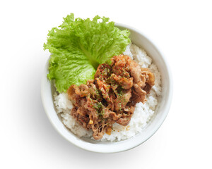 Isolated Beef Stir-Fry With Vegetables Served on a Bed of White Rice in a Bowl