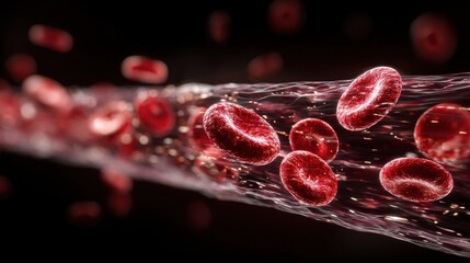 Fototapeta premium A 4K photo of high-definition 3D rendering of red blood cells traveling through a vein, depicting the dynamics of human blood circulation.