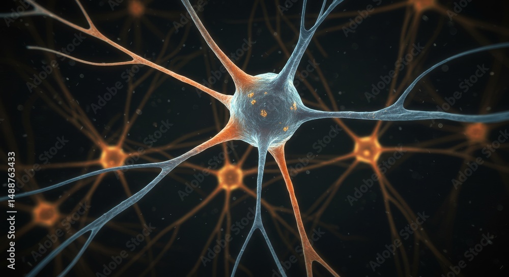 Poster microscopic neuron network complex structure illustration - intricate neural network, microscopic de