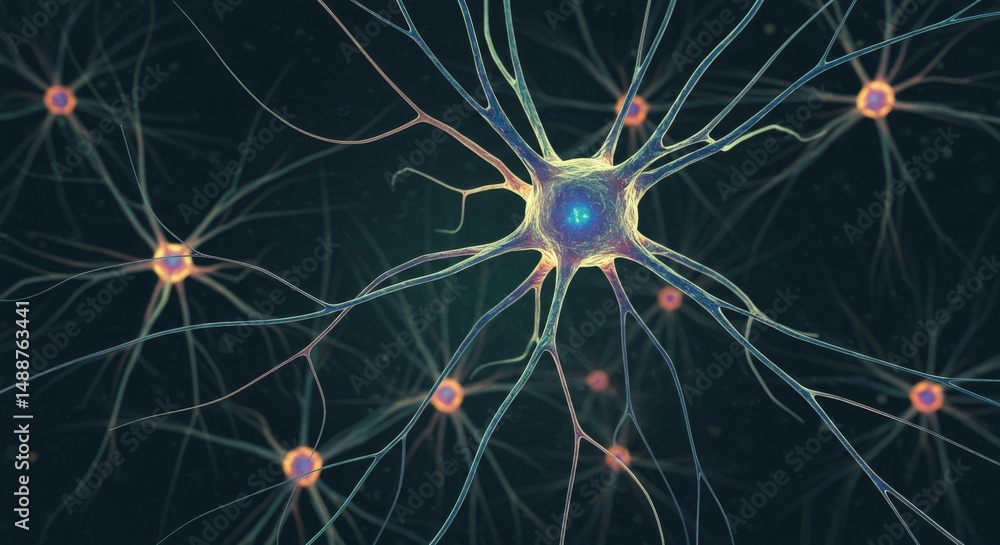 Poster microscopic neural network - detailed 3d of a neuron network, showcasing intricate connections and c