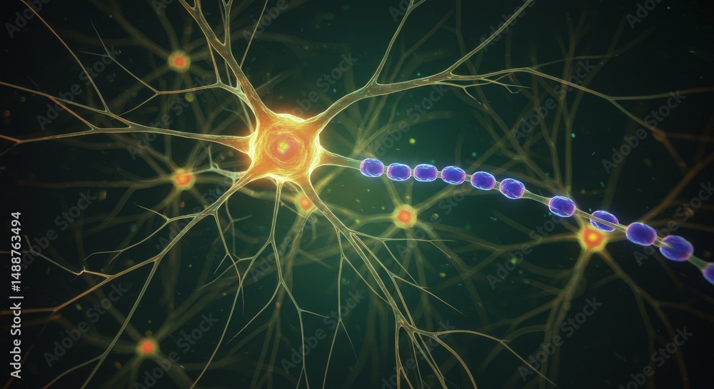 Poster microscopic neuron network illustration: intricate neural connections - complex neural pathways, int