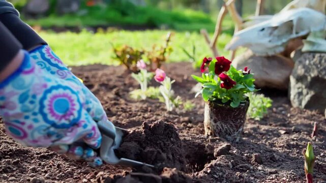 Close-up of planting flowers in a backyard bed in spring. Bed with mulch and flowers. Slow motion footage 100fps.
