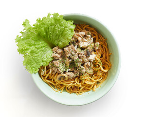 Isolated Delicious Chicken and Mushroom Stir-Fry Noodles Topped With Fresh Lettuce in a Light Green Bowl