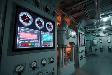 Inside a naval vessel's control room, gauges and screens display vital information. Soft lighting enhances the machinery’s details while technicians monitor operations during evening hours