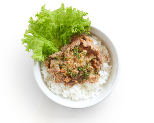 Isolated Delicious Minced Spicy Meat Served Over Steamed Rice With Fresh Lettuce Garnish on a Clean Background