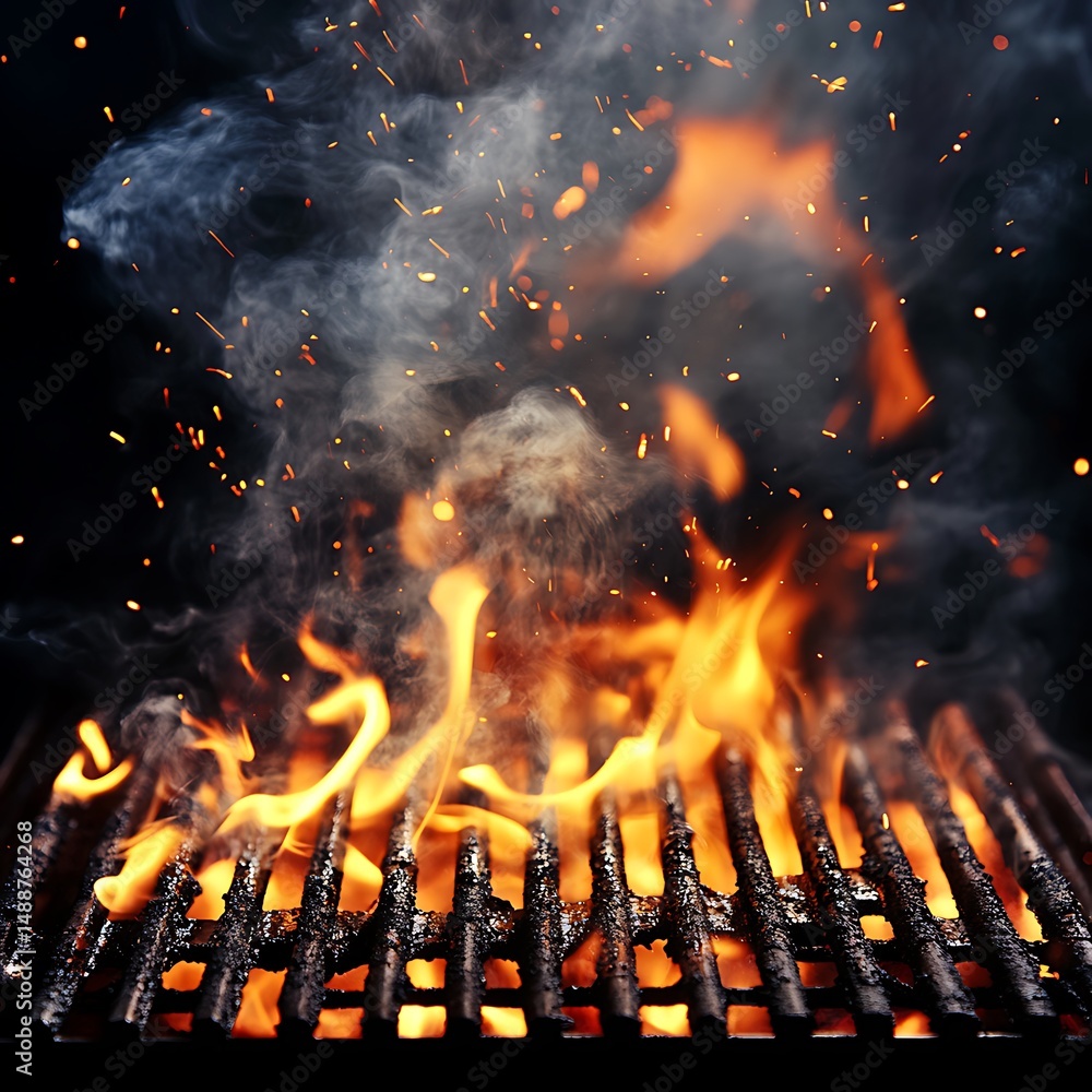 Poster intense flames and glowing embers rising from a grill, creating a dynamic and energetic visual.